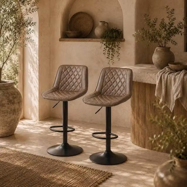 Wyld Haus Tadilu Set of 2 Adjustable Retro Faux Leather Bar Stools in Brown