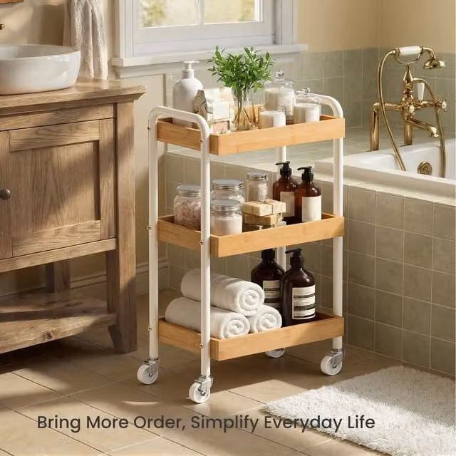 SONGMICS 3-Tier Storage Trolley on Wheels, Kitchen Serving Cart in Natural Beige, W/D/H: 73 x 27.5 x 41.3 cm