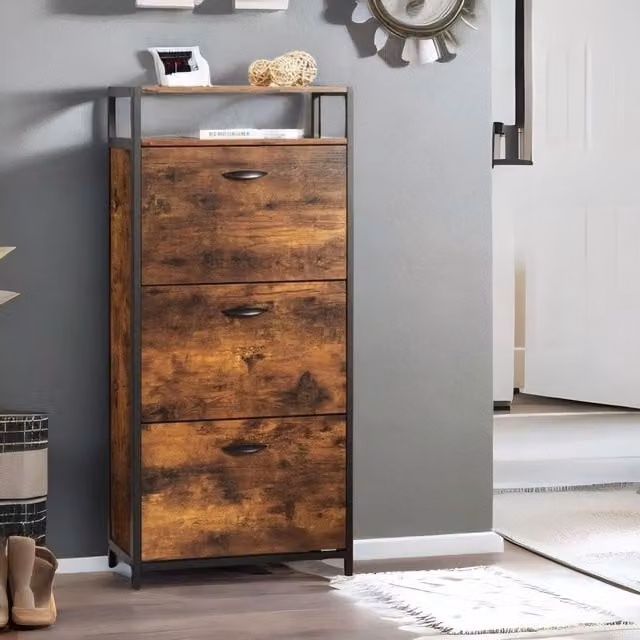FURNOS Rustic Brown 3 Drawer Shoe Storage Cabinet with Tilting Compartments and Open Shelf