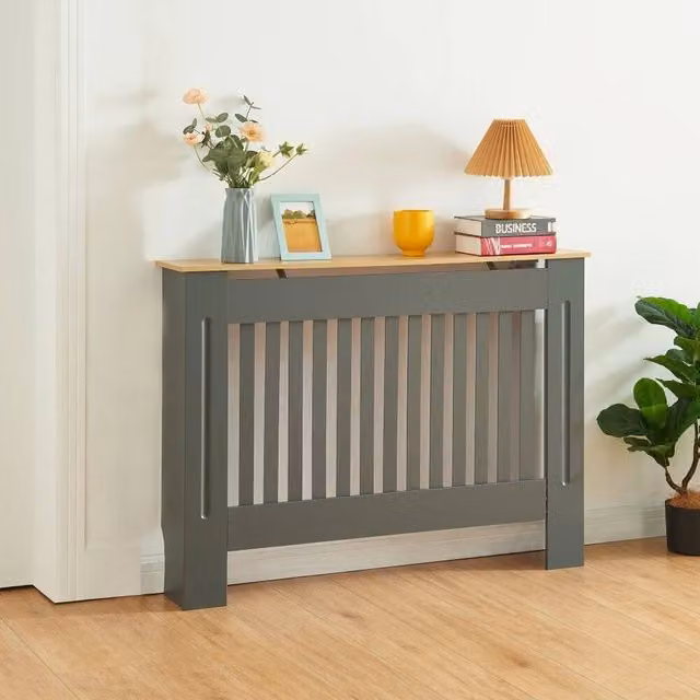 SPETLEK Modern Radiator Cover Wall Cabinet with MDF Slats and Wood Top, Grey and Multicolour, W: 172 cm, H: 82 cm, D: 19 cm