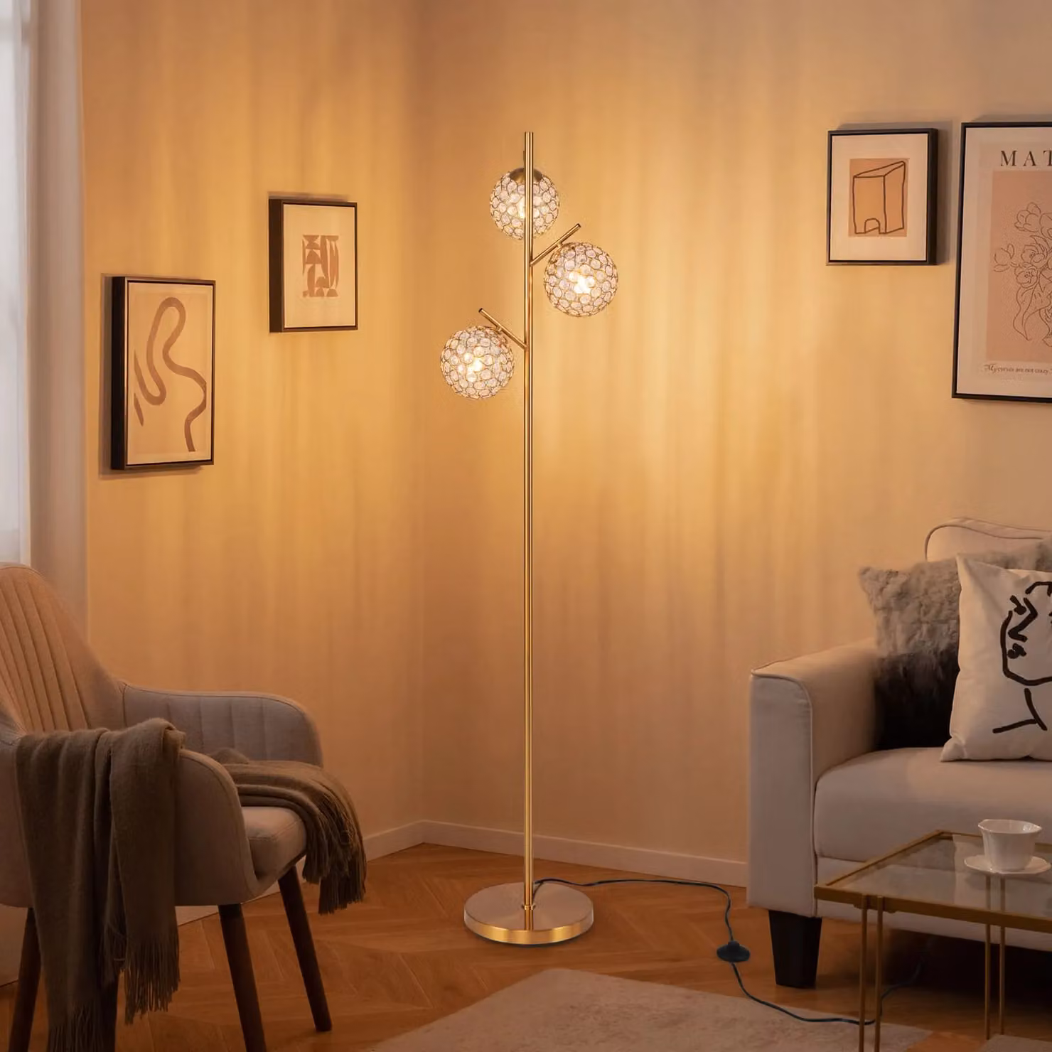 Gymax 3-Globe Modern Floor Lamp with Metal Pole and Base in Gold – 2