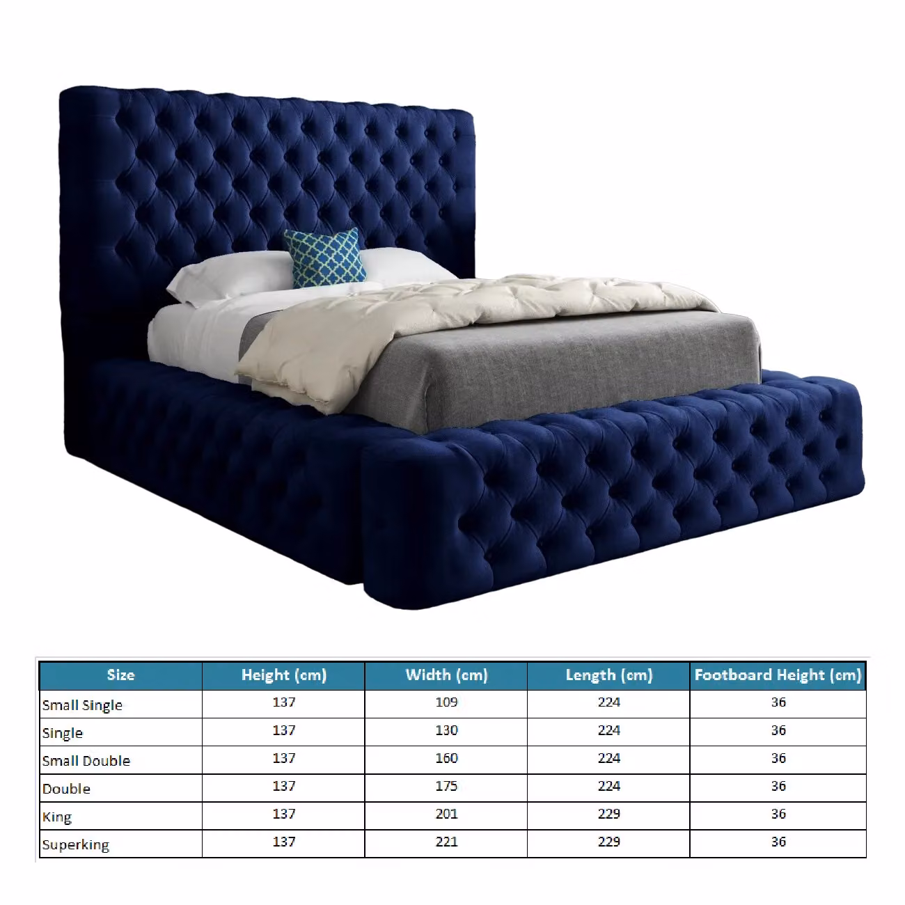 Casani Grand Milan King Size Upholstered Velvet Bed Frame in Blue, W/D/H: 180 x 201 x 137 cm – 4