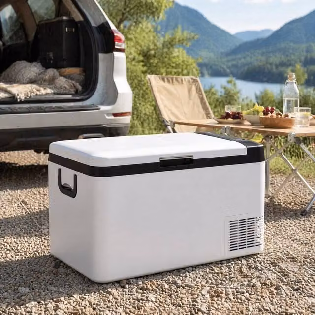 STILVORA 25L Car Fridge Freezer with LED Light and Foldable Handles in White
