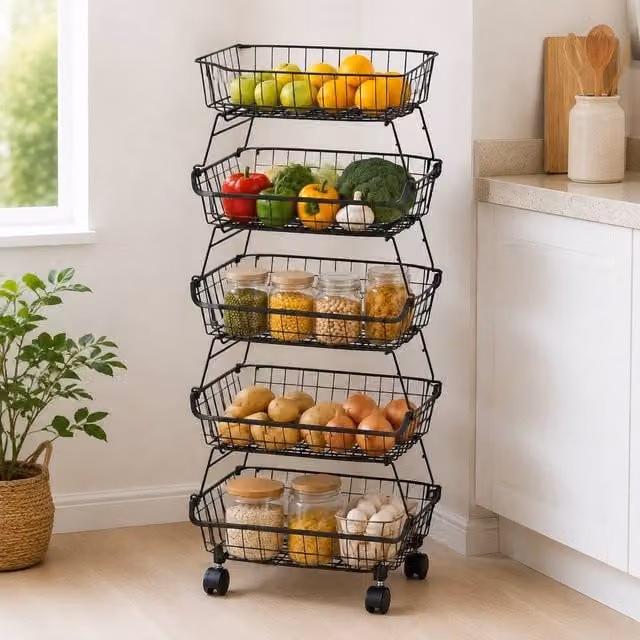 STILVORA Modern Kitchen Trolley with 5 Metal Baskets in Matt Black