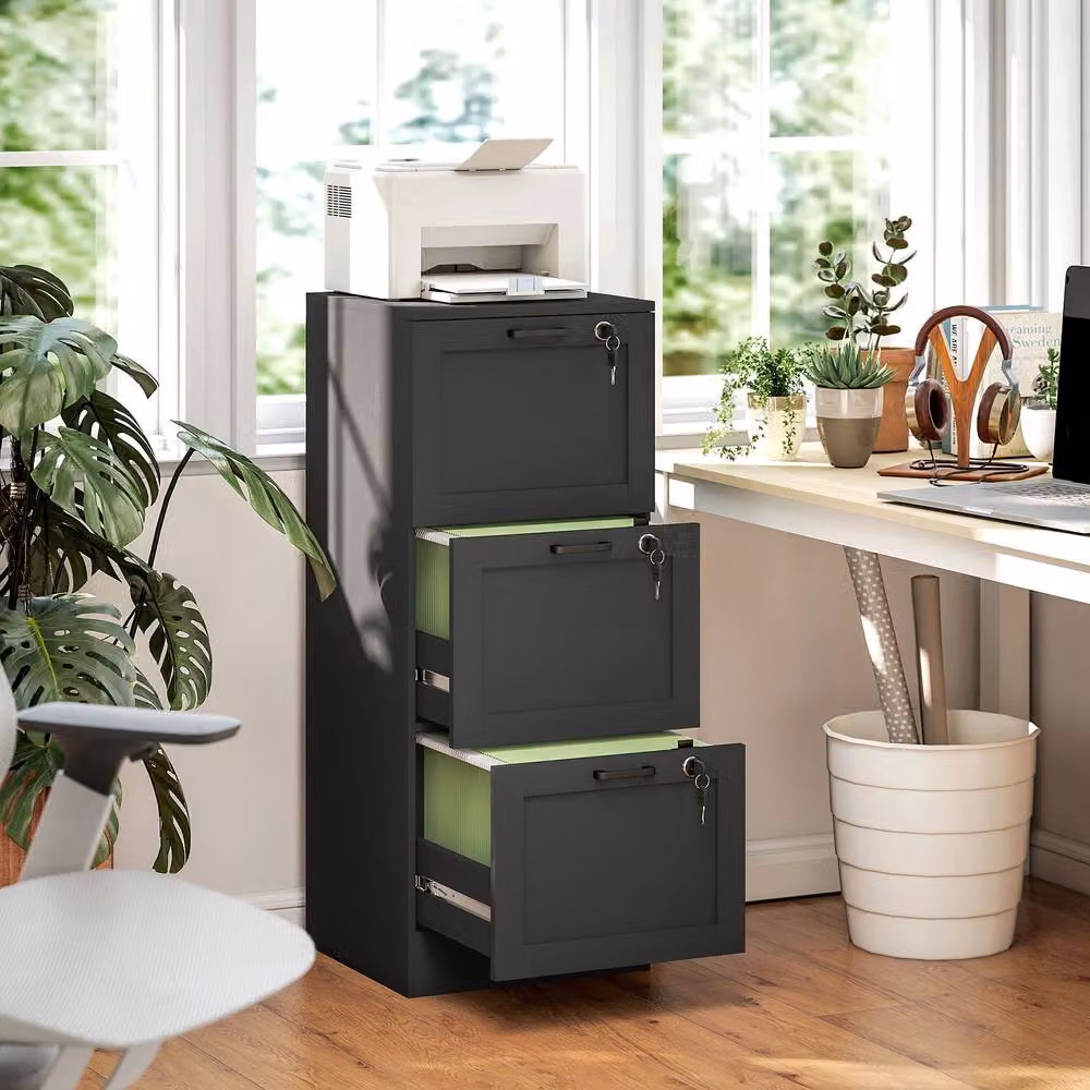 STILVORA 3-Drawer Filing Cabinet with Lock in Black, W: 40.0 cm, D: 40.0 cm, H: 101.0 cm – 3