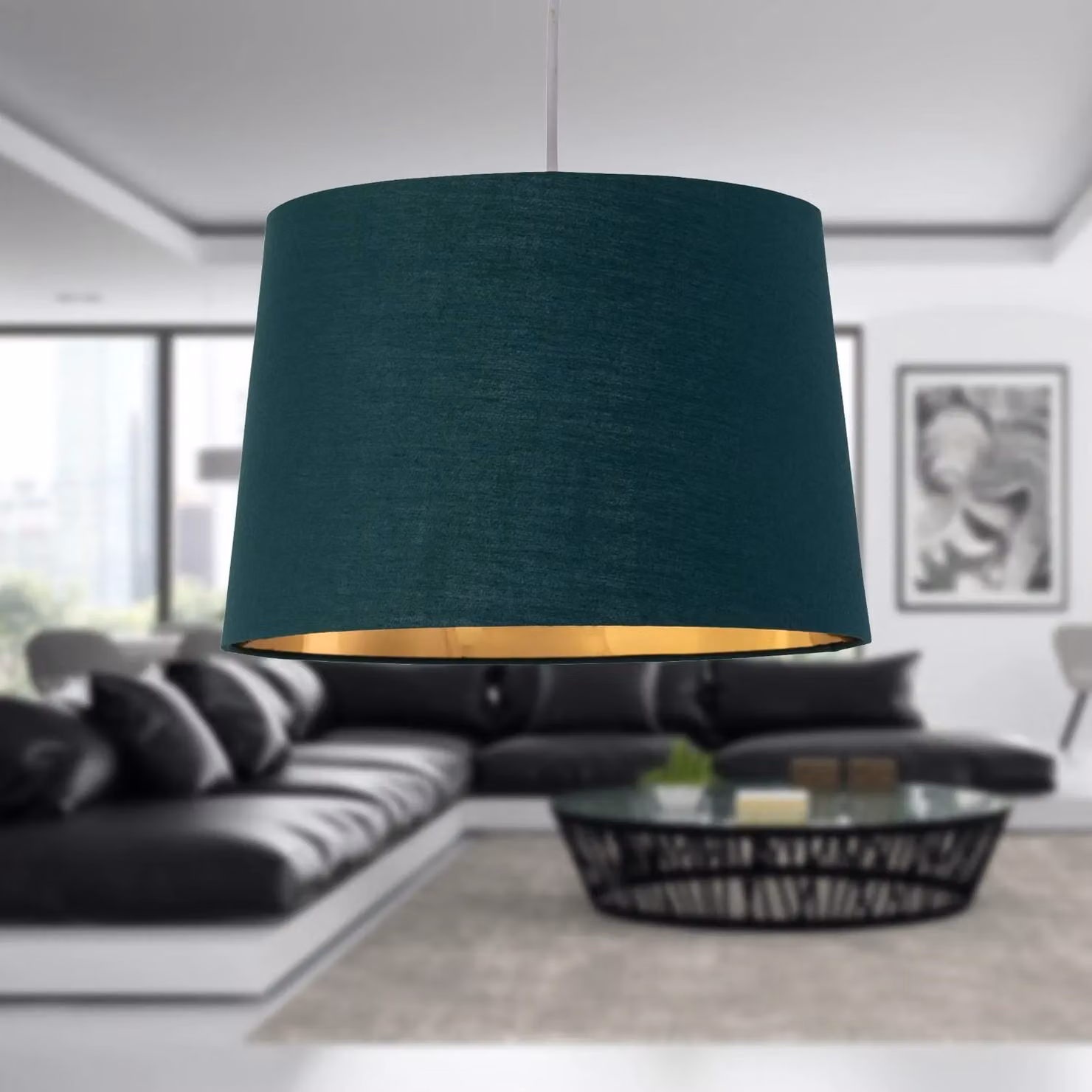 First Choice Lighting Zoey Cylinder Fabric Easy Fit Pendant Lamp Shade in Green and Gold/Brass, Diameter: 28.5 cm – 3