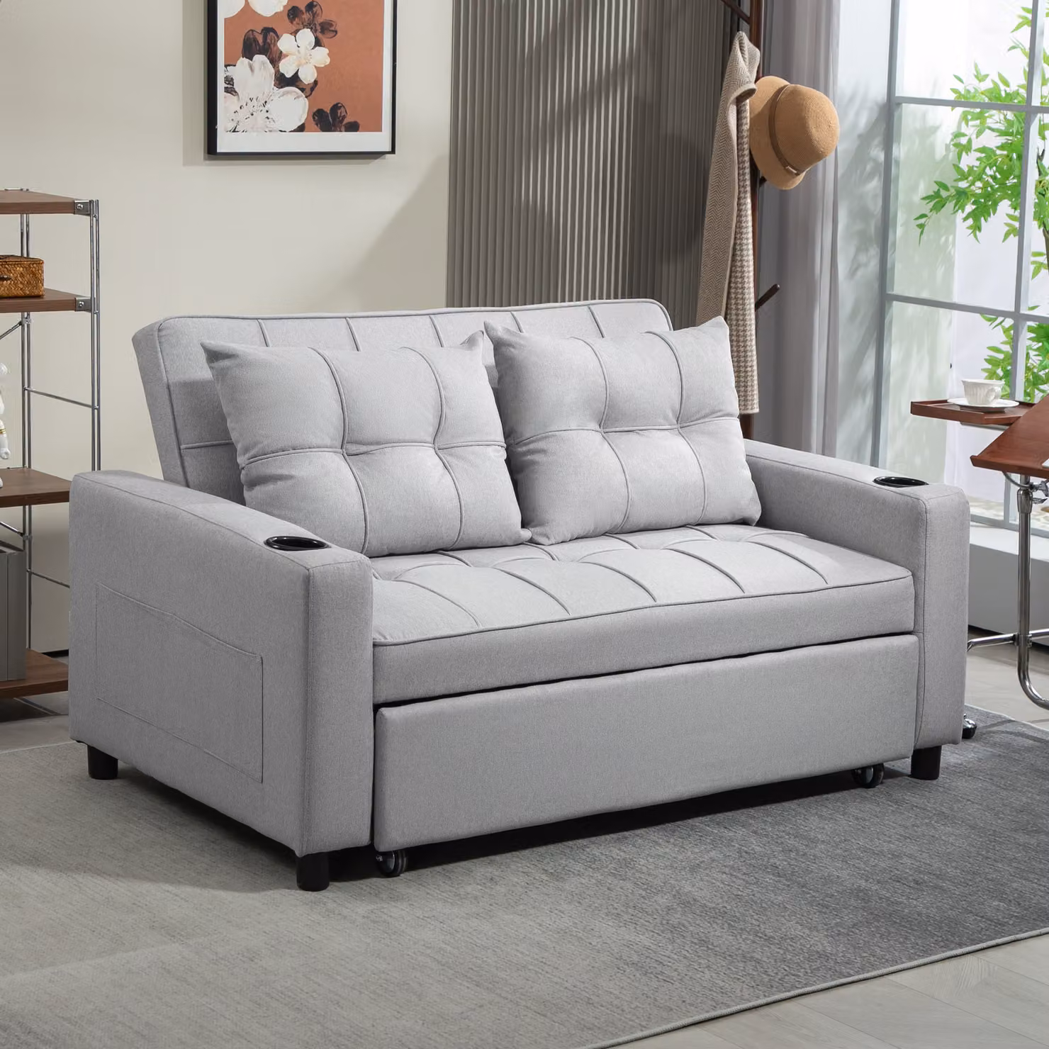 HOMCOM Two-Seater Click-Clack Pull-Out Sofa Bed with Cup Holders, Grey Fabric Upholstery and Metal Frame, 140 x 200 cm – 2