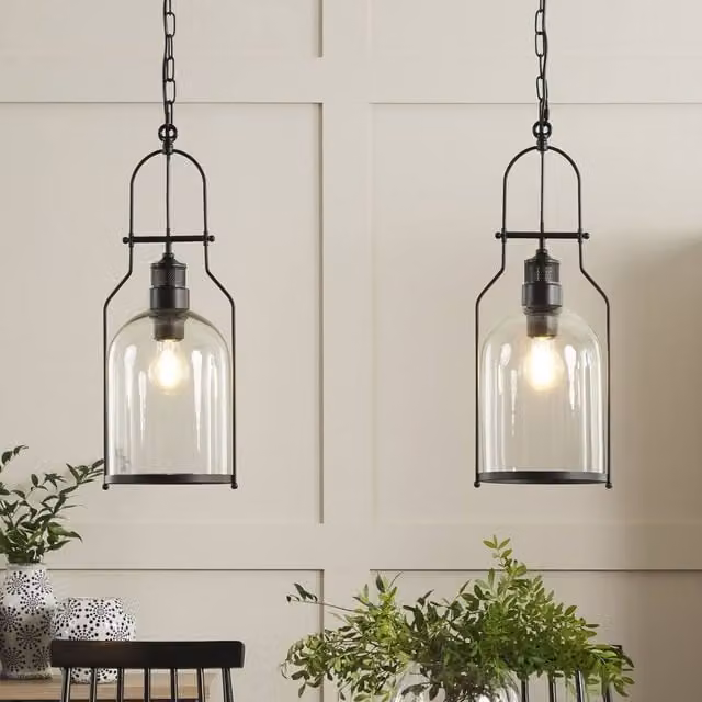 Wyld and Coco 2-Pack Industrial Suspended Pendant Lights in Black Metal and Transparent Glass, Height: 166 cm – 1