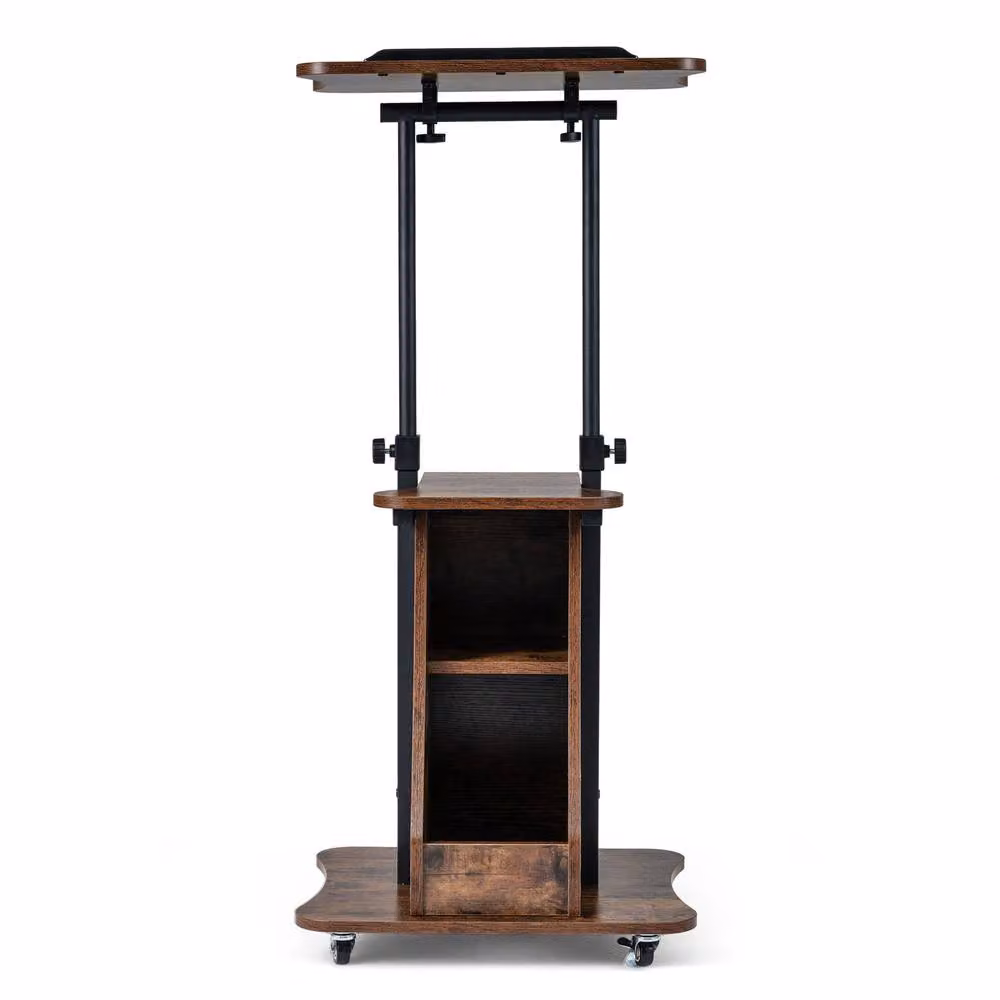 Gymax Height Adjustable Rolling Podium Stand with Tilting Top in Rustic Brown – 2