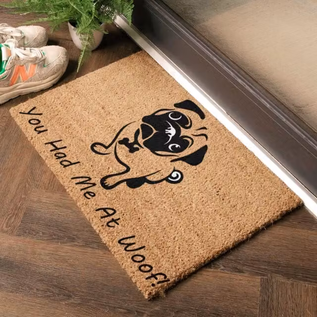 Artsy Mats You Had Me At Woof Pug Doormat in Black, W: 60 cm, D: 40 cm