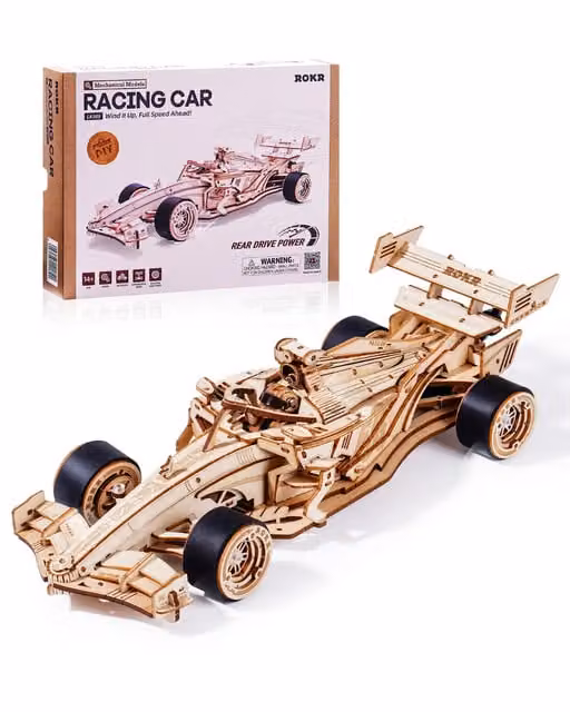 Syntego 3D Wooden Racing Car DIY Model Kit for Adults and Teens in Pink, Orange and Brown