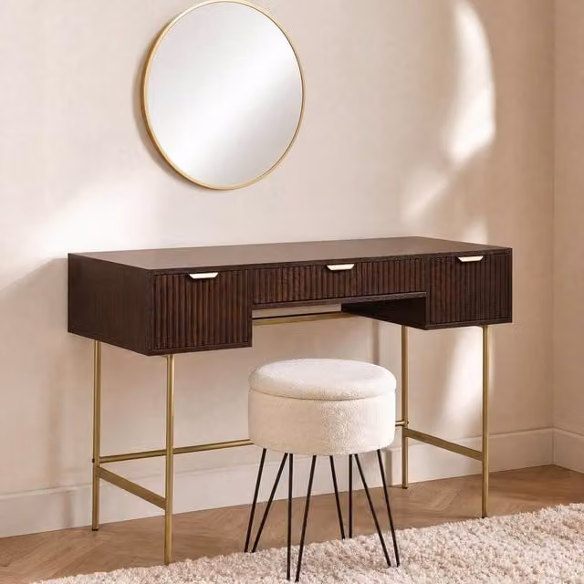 OHS Ribbed Dressing Table Vanity Makeup Desk with 3 Drawers in Walnut, W/D/H: 110 x 75 x 35 cm