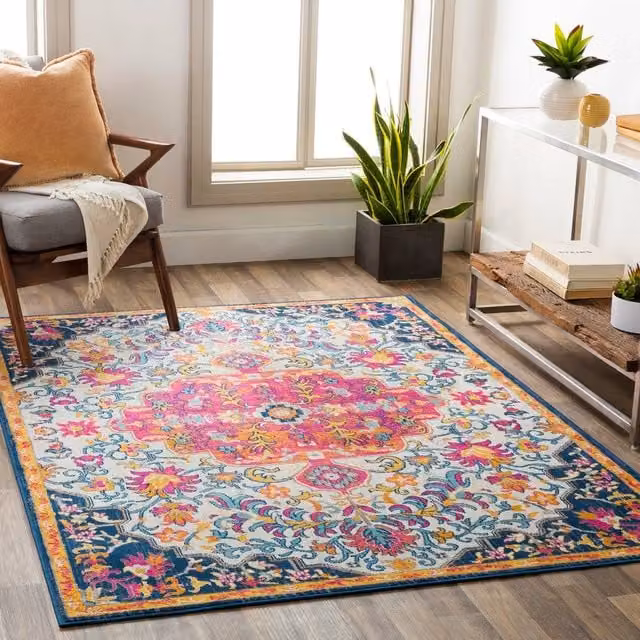 Livabliss Floransa Vintage Boho Living Room Rug, Pink Multicolour, W: 160 cm, D: 215 cm