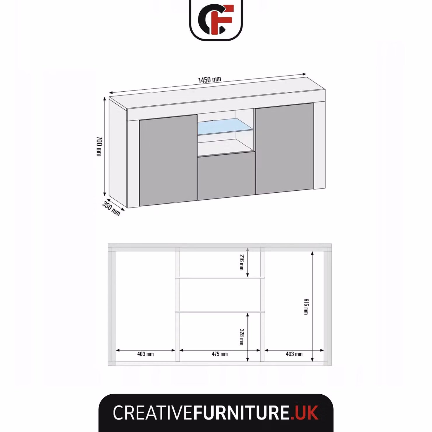 Mex Furniture LTD Modern Brown Sideboard with Matt Doors and Integrated LED Lighting, W: 145 cm, D: 35 cm, H: 70 cm – 5