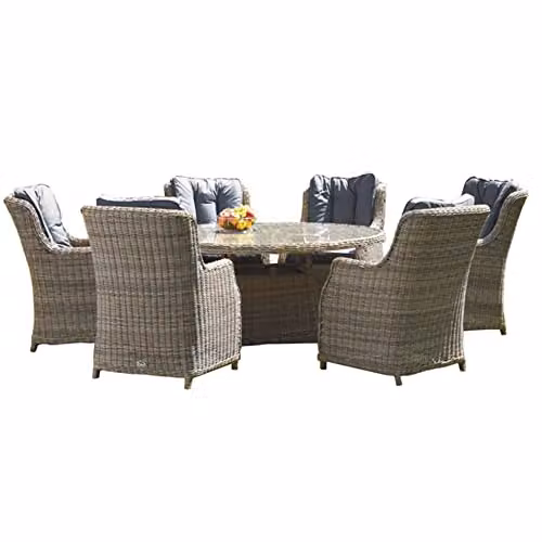 Royalcraft Wentworth 6 Seater Oval Dining Set in Beige with 6 Highback Comfort Dining Armchairs and Grey Cushions