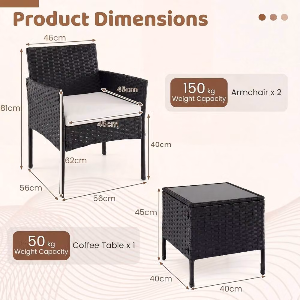 NESTLUNE Black Modern Outdoor Garden Furniture Set with Upholstered Lounge Armchair and Coffee Table – 2