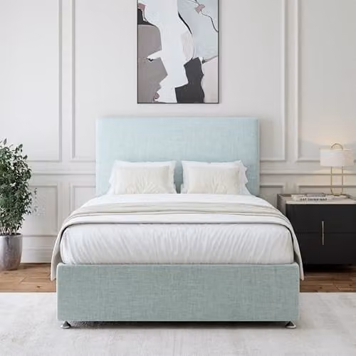Bedmaster Linen Divan Bed Base with 2 Drawers and Plain Headboard, Blue, W/D/H: 120 x 200 x 45 cm