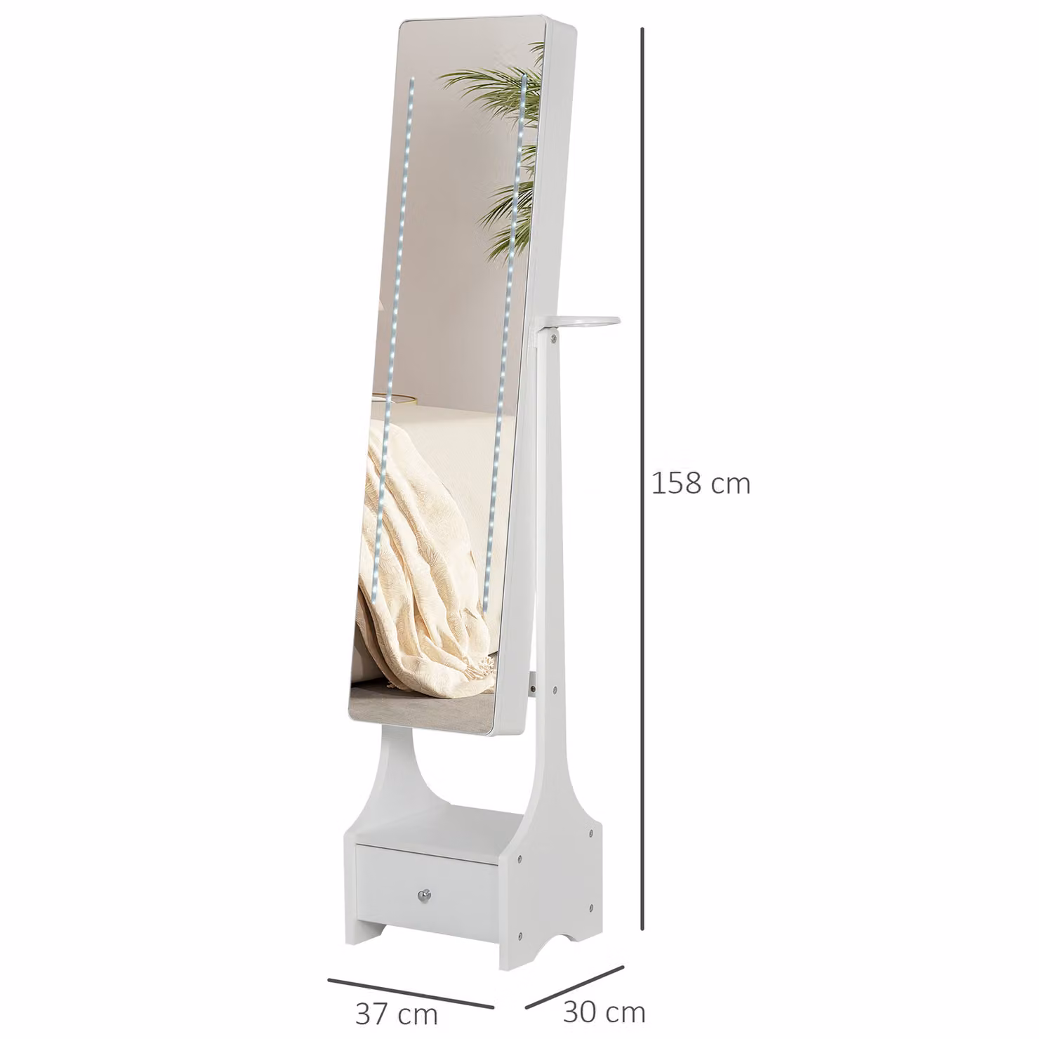 HOMCOM White Freestanding Jewellery Cabinet with Mirror, LED Lights and Internal Shelves, H 158 x W 37 x D 15 cm – 3