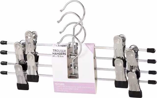 My Laundry Pack of 4 Silver Metal Space Saving Trouser Hangers with Clips