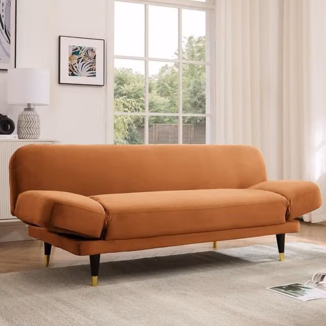 Home Detail Silas 3 Seater Sofa Bed in Burnt Orange with Velvet Fabric and Click-Clack Sleeping Function