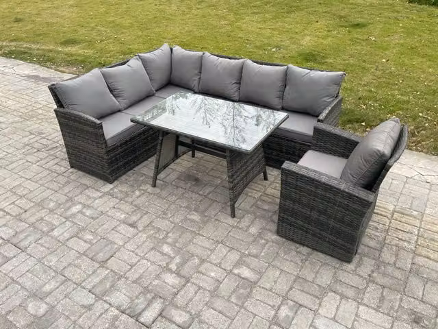 Fimous Wicker Rattan Garden Furniture Set with Corner Sofa, Armchair and Oblong Dining Table in Dark Grey