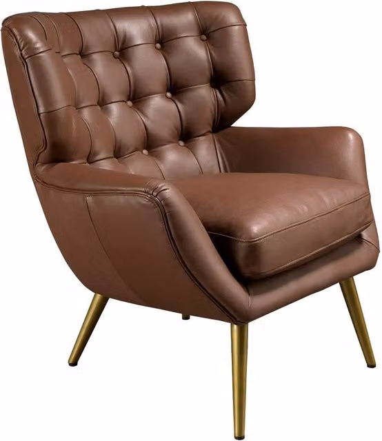 Angel Cerda Dark Brown Cowhide Leather Chesterfield Armchair with Gold Accents