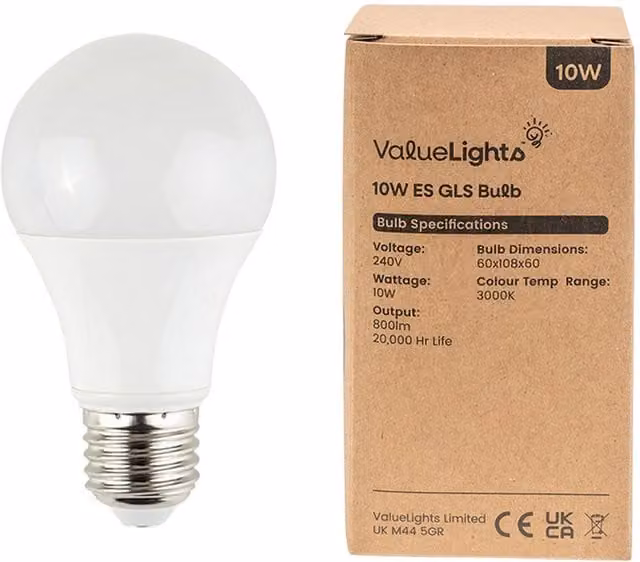 ValueLights 8 Pack E27 White Thermal Plastic GLS LED Light Bulbs, 10W, Warm White 3000K, 800lm