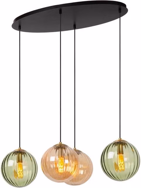Lucide Monsaraz Retro Green Glass Pendant Lamp, Dimmable and Height Adjustable, 4 x E27