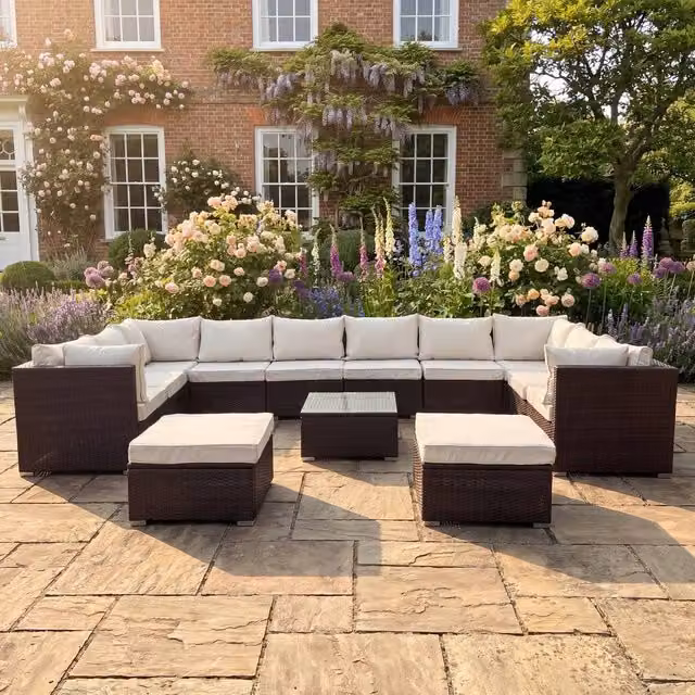 Rosewood & Stone Home Stowe 12 Seat Large U-Shape Modular Garden Furniture Set in Beige and Brown