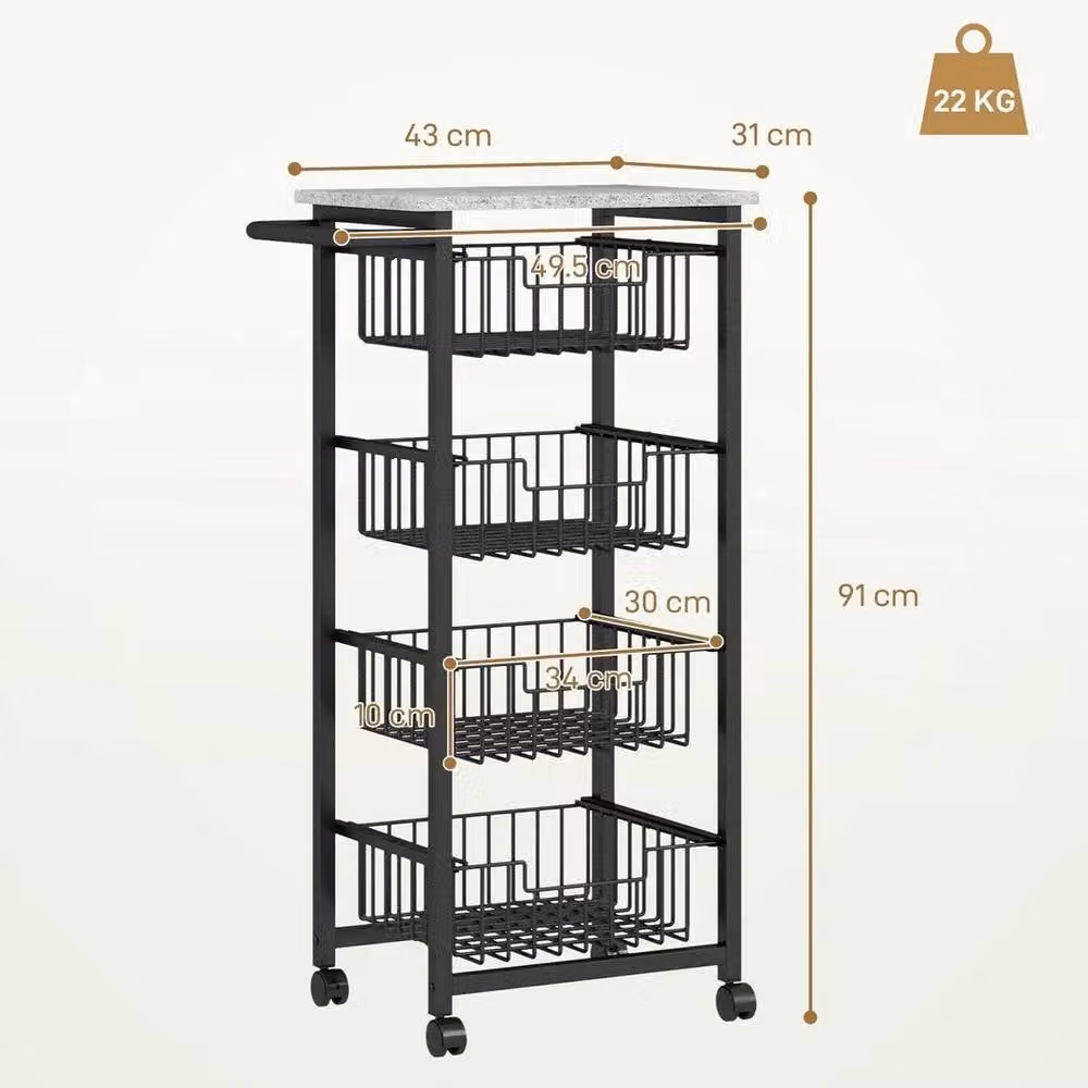 FORGEVIO 4-Tier Kitchen Island on Wheels with 4 Pull-Out Baskets, Black and Grey – 3