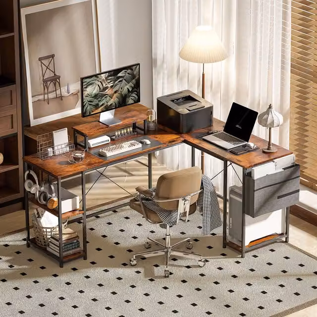 HOMCOM Reversible L Shaped Corner Desk for Two People in Brown