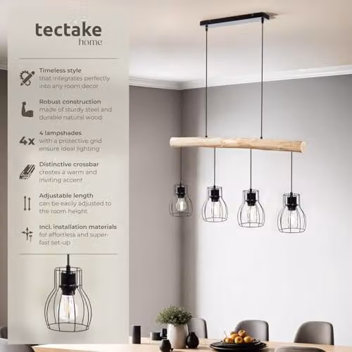tectake Industrial Style Pendant Light with Wood Beam and 4 Black Cage Lampshades, Adjustable Height, Black and Wood – 2