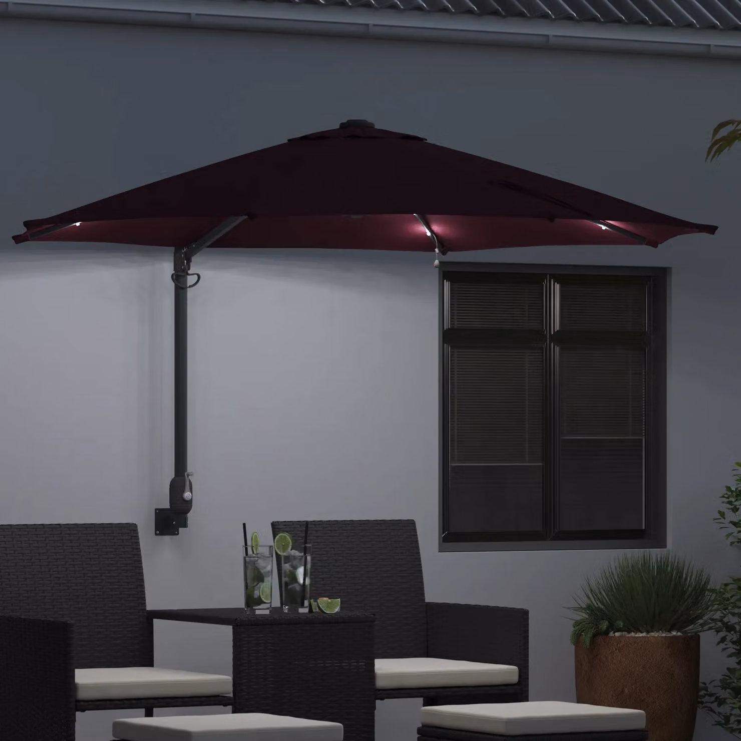 Berkfield Home Wall-mounted Garden Parasol with LEDs in Bordeaux Red – 3