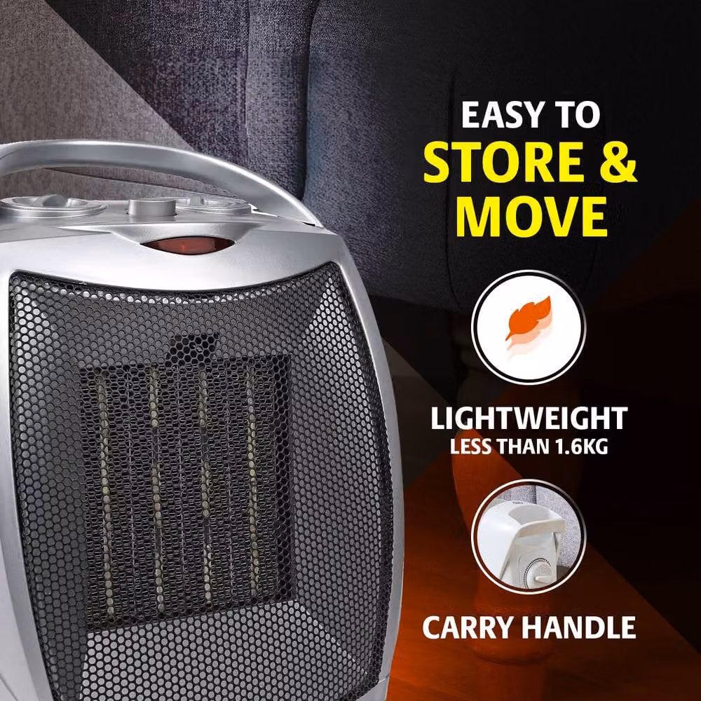 Bergstrom Silver Ceramic Fan Heater with Oscillation and Thermostat Control – 7