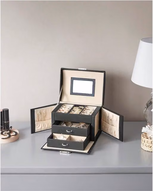 SONGMICS 3-Tier Wood Jewellery Box with Mirror in Black