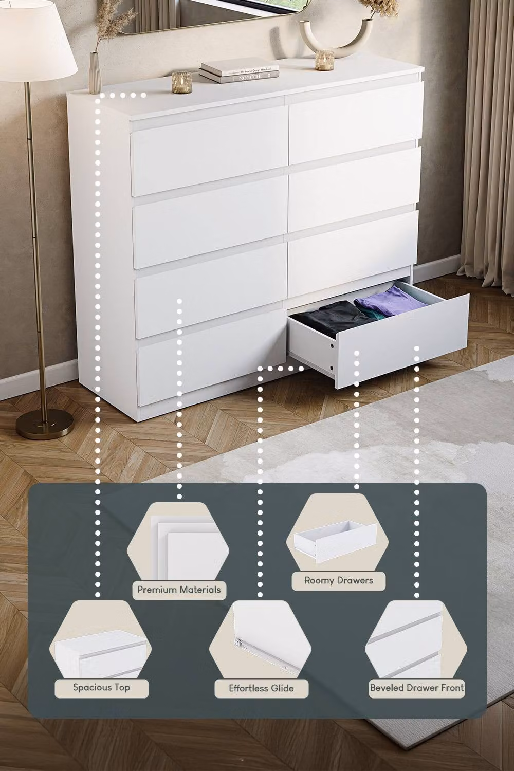 HD Designs Denver 8 Drawer Chest of Drawers in White – 2