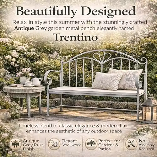 GlamHaus Trentino 2 Seater Foldable Metal Garden Bench in Antique Grey – 3