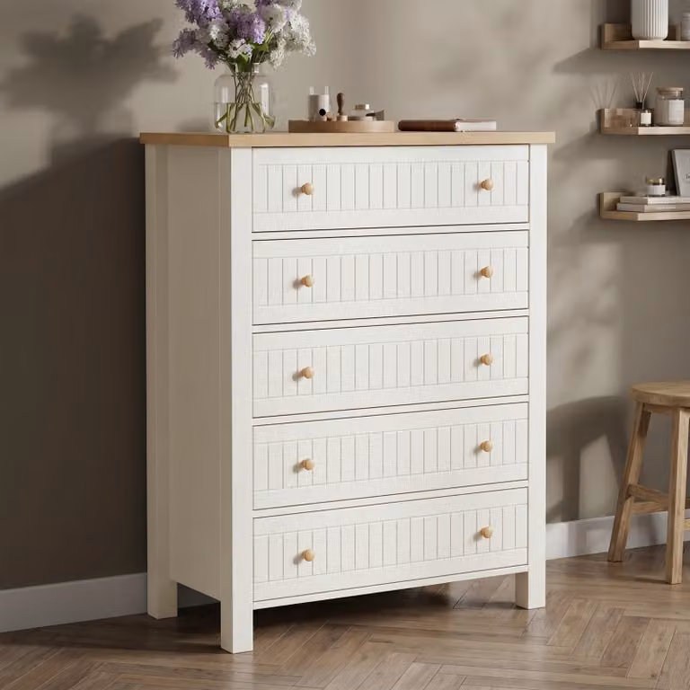 DHS Linra White Painted Tall 5 Chest of Drawers