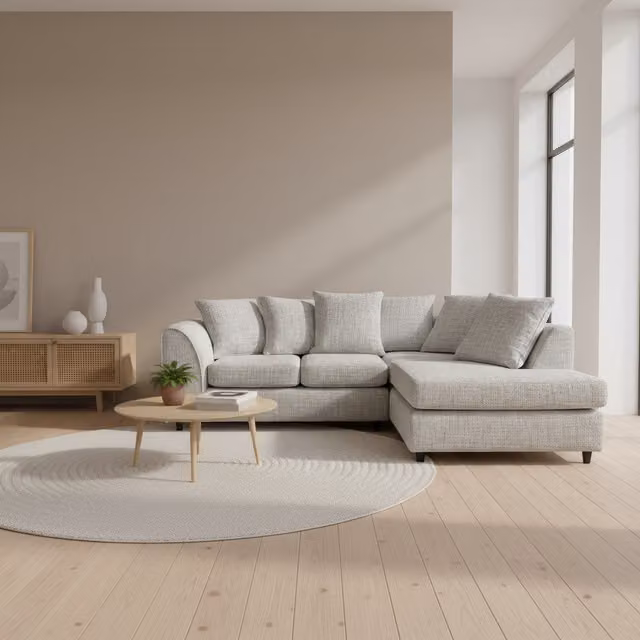 Abakus Direct Jumbo L-Shape Corner Sofa in Light Grey Soft Chenille with Right-Hand Chaise Extension and Scatter Cushions
