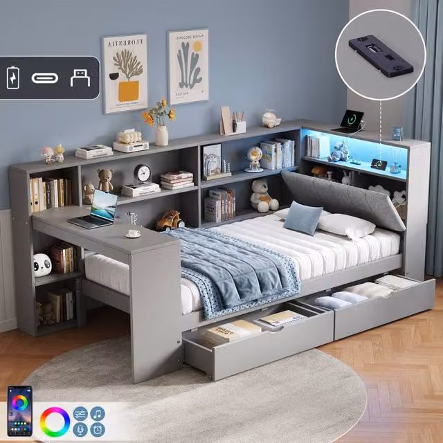 ModernLuxe L-shaped single daybed in grey with desk, drawers, LED storage headboard, USB charging port and bedside shelf, W/D/H: 190 x 90 x 118 cm