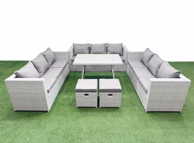 Fimous 11 Seat PE Rattan Garden Furniture Set with 2 Small Stools in Light Grey