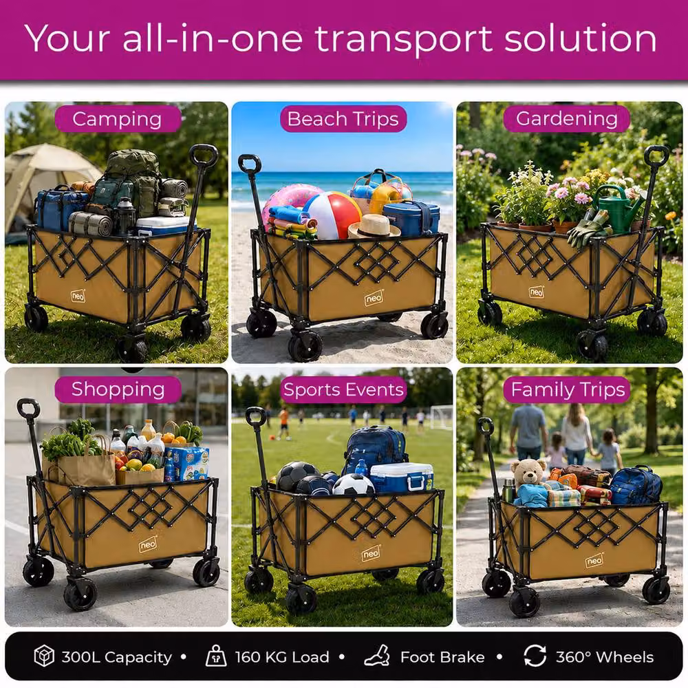 Neo XL Heavy Duty Folding Wagon Cart with Adjustable Handle, 300L Capacity, Khaki – 5
