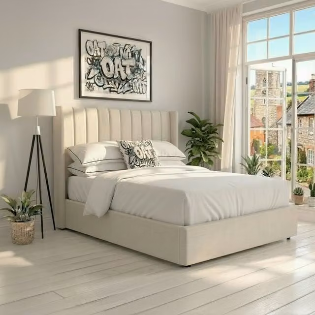 OAT Home Daresbury Modern Upholstered Winged Ottoman Storage Bed in Beige, 140 x 200 cm