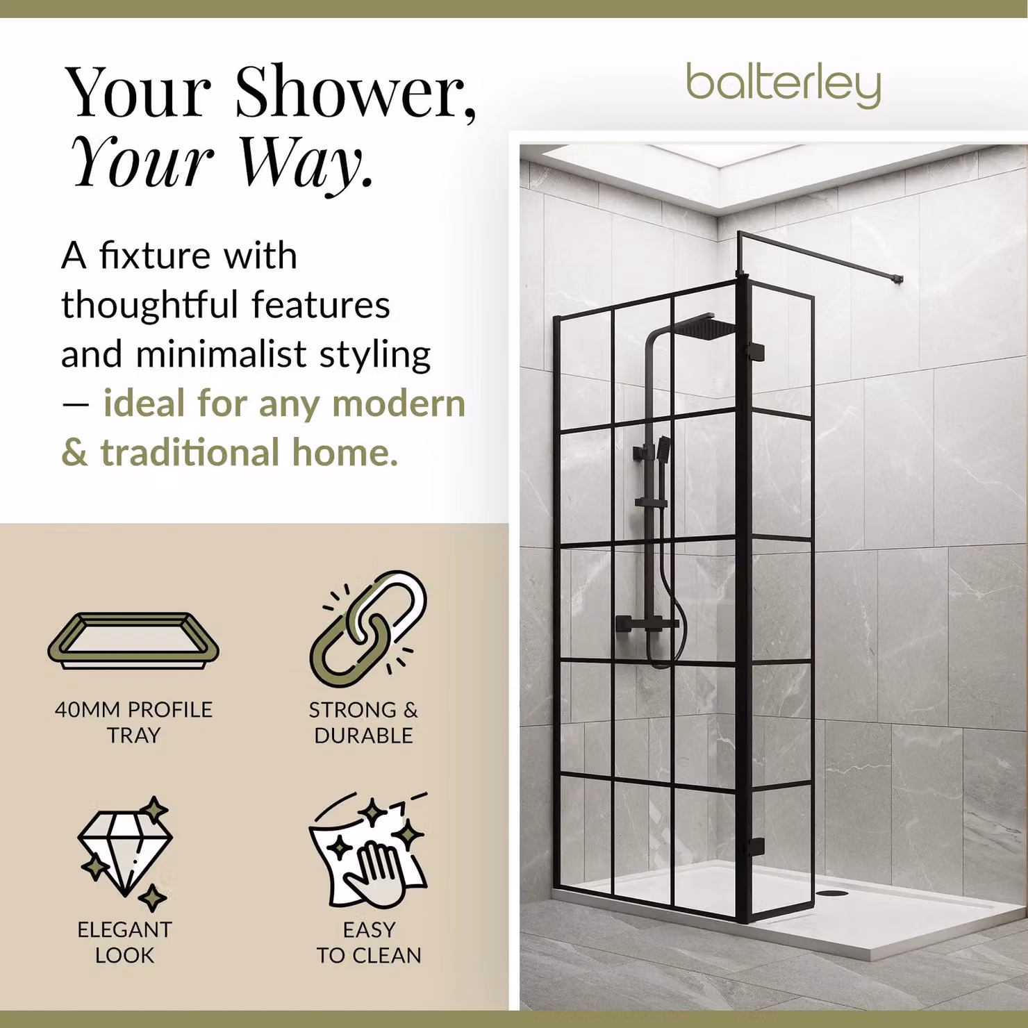 Balterley 8mm Glass Walk-In Wetroom Screen and Return with Tray, Black Framed, W: 140 cm, D: 70 cm – 2