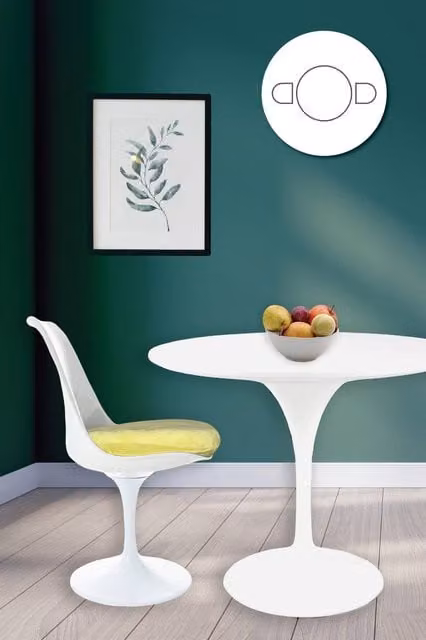 Fusion Living Tulip Set with White Round Table and Two Chairs with Yellow Cushions