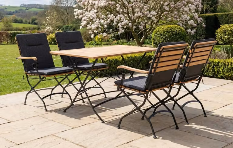 MINT Outdoor Sicily 4 Seater Teak and Metal Rectangular Garden Dining Set, Black and Brown, W: 120 cm