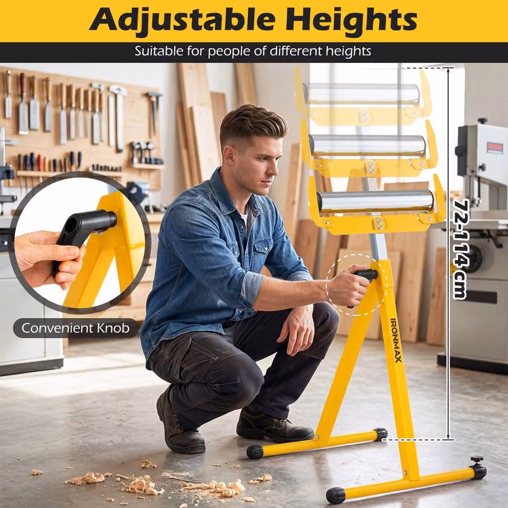 Gymax 2-Piece Adjustable Height Folding Roller Stands for Table Saws in Yellow – 4