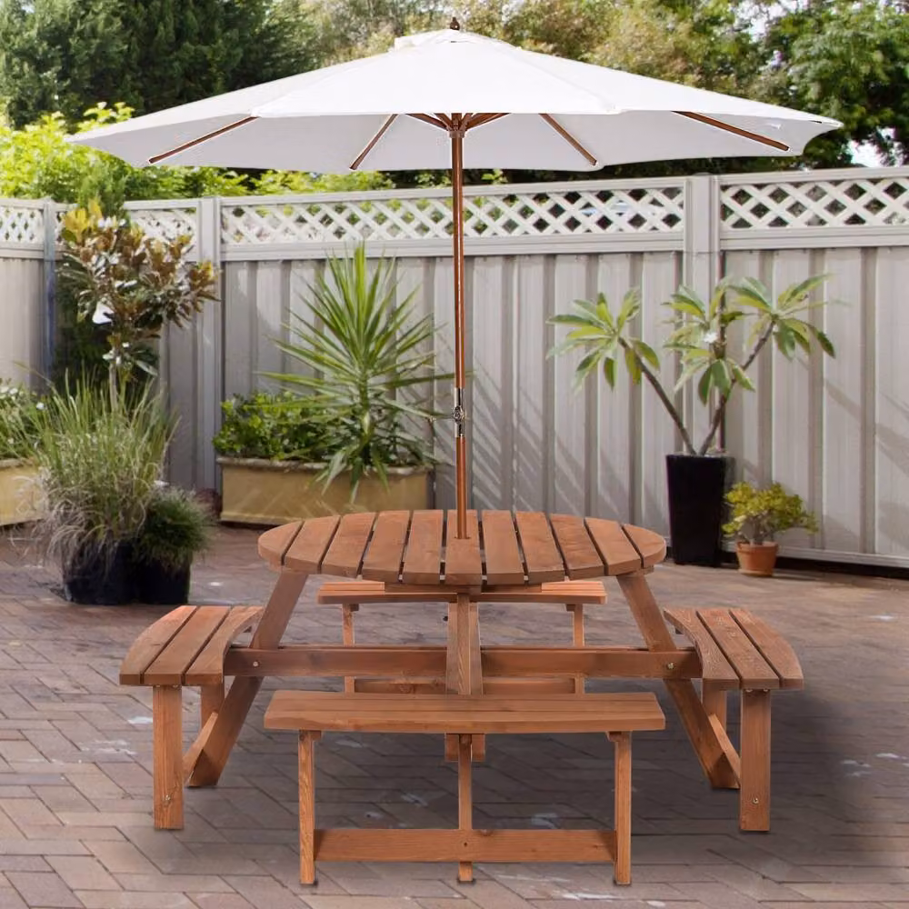 Wyld Haus Bataba 8 Seater Round Picnic Table and Bench Set in Red and Brown Treated Hardwood, Diameter: 178 cm – 3