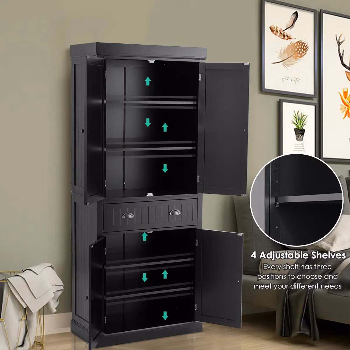 Gymax Modern Black Kitchen Pantry Cabinet with 2 Hinged Doors and Internal Drawers, Height: 183 cm – 4