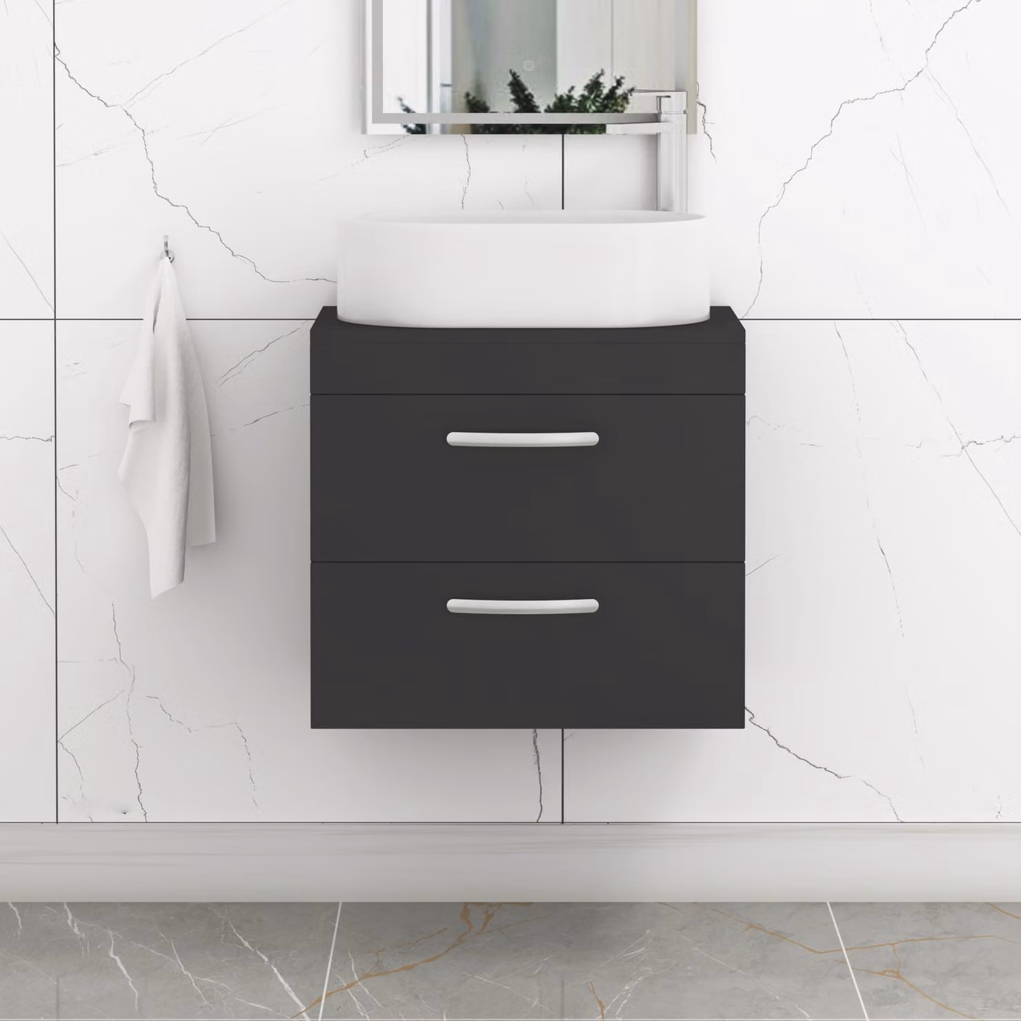 Royal Bathrooms Turin 600mm Wall Hung Vanity Unit with 2 Drawers and Countertop Basin in Matt Black